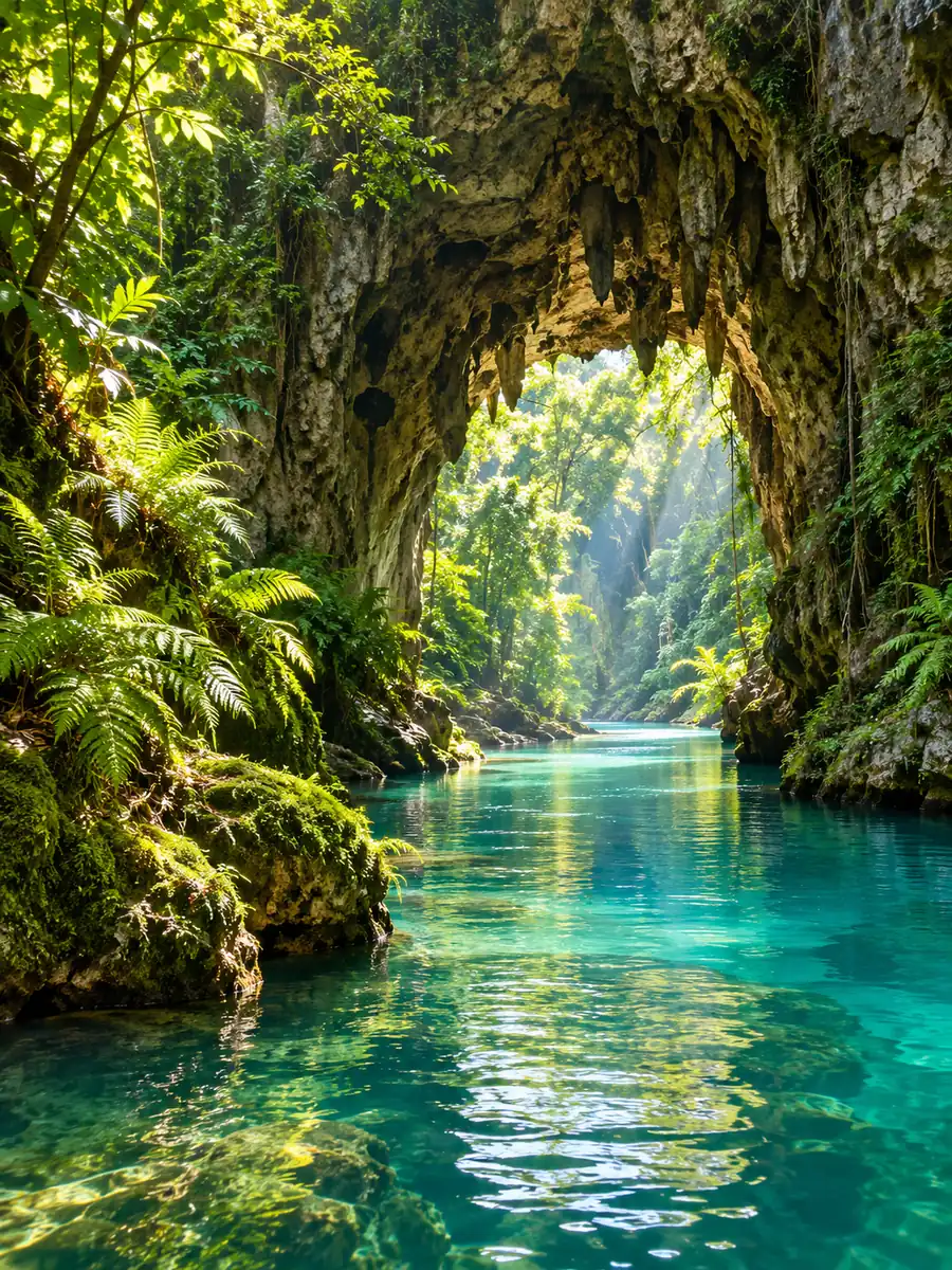 Ein türkisfarbener Fluss strömt aus einem hohen Kalksteinbogen einer Höhle im Regenwald von Belize