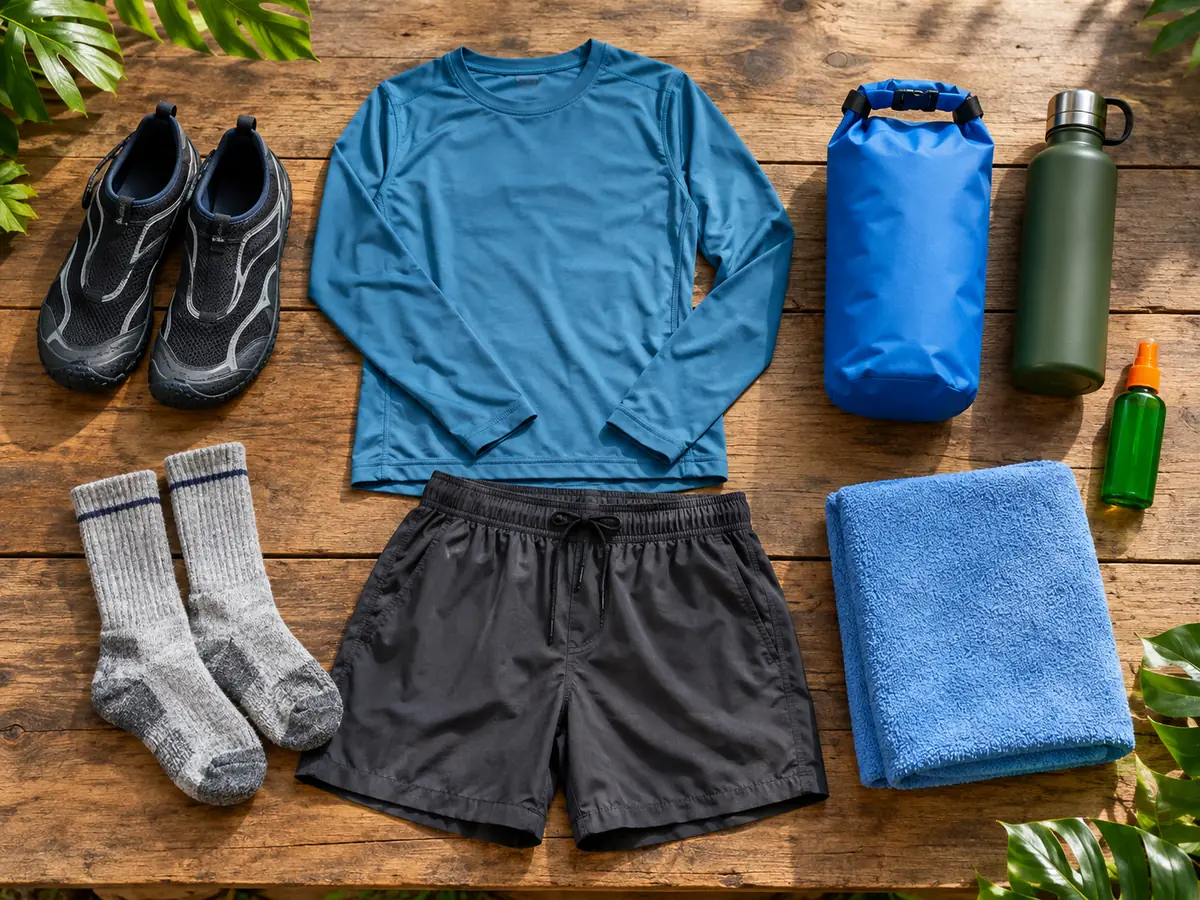 Wasserschuhe, dicke Socken, schnell trocknende Kleidung, ein Packsack und Insektenschutz auf einem Holztisch